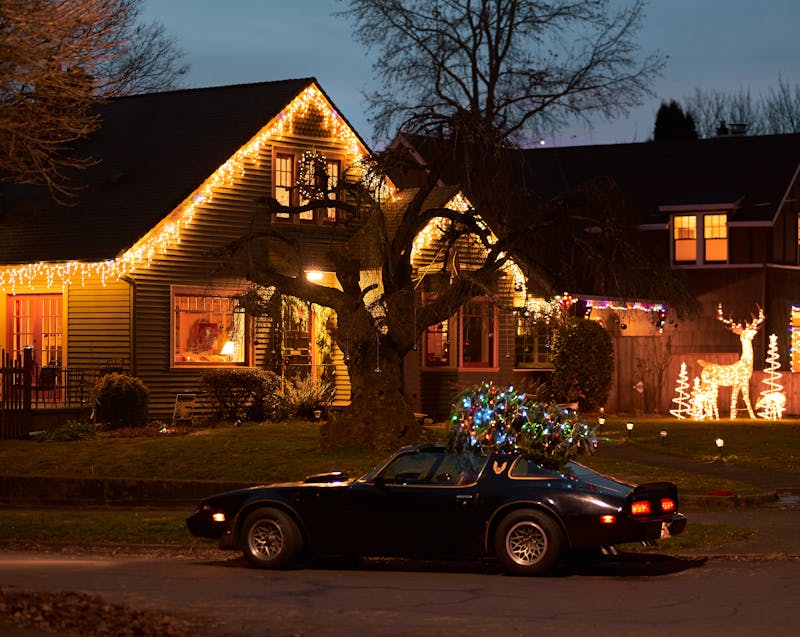 Christmas lights on the roof and exterior